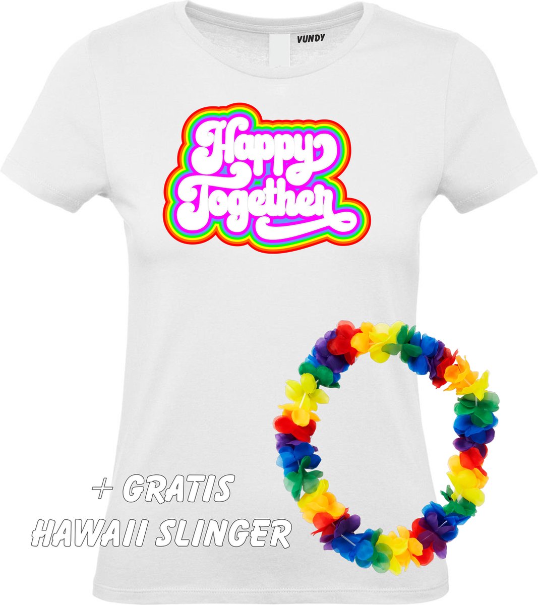 Dames t-shirt Happy Together Regenboog | Toppers in Concert 2022 | Toppers kleding shirt | Flower Power | Hippie Jaren 60 | Wit dames | maat S
